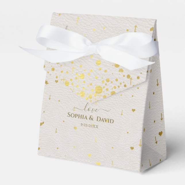 Elegant White Leather Gold Confetti Wedding  Favor Boxes (Front Side)