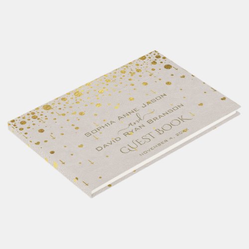 Elegant White Leather Gold Confetti Wedding  Guest Book