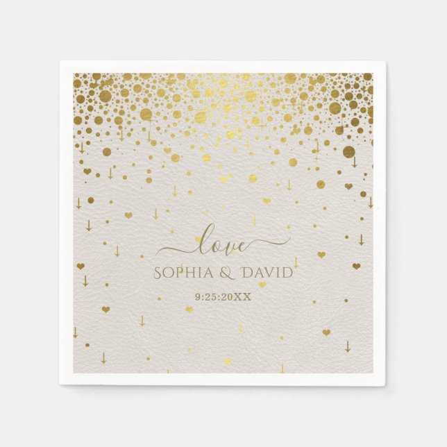 Elegant White Leather Gold Confetti Wedding  Napkins (Front)