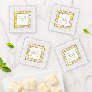 Elegant White Leather Marble Gold Name Monogram Coaster Set