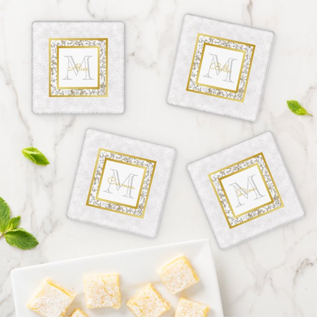 Elegant White Leather Marble Gold Name Monogram Coaster Set (In Situ)