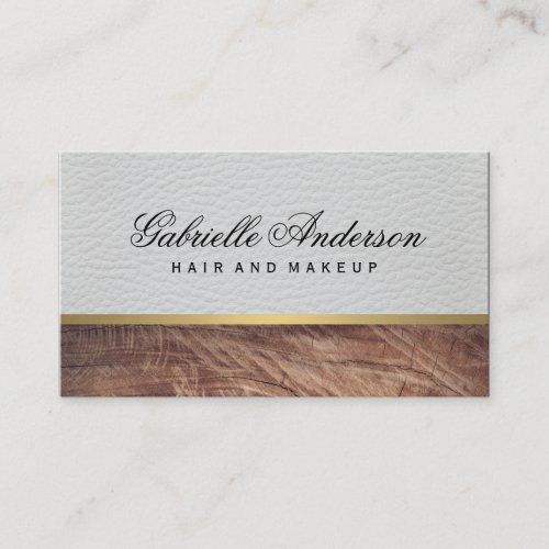 Elegant White Leather Rustic Wood with Gold Trim Business Card