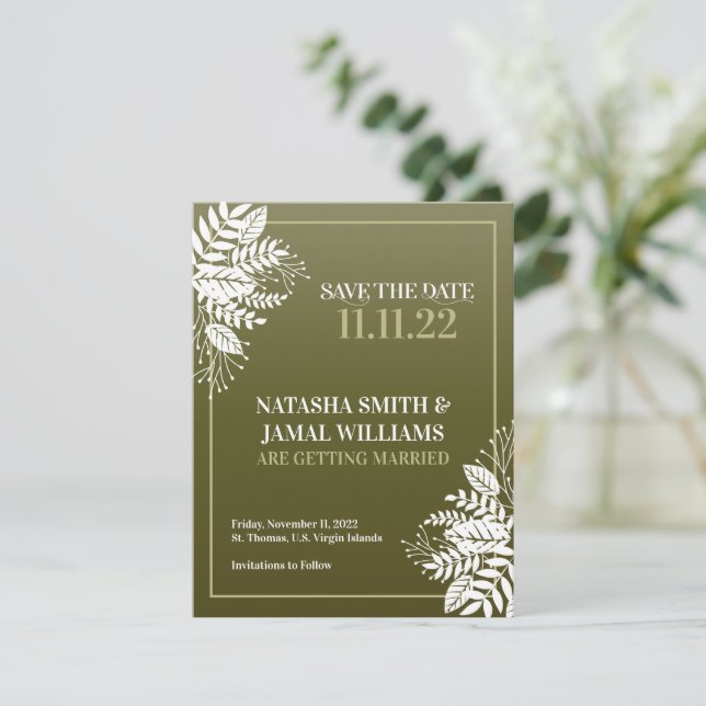 Elegant White Leaves, Olive Green Save The Date (Standing Front)