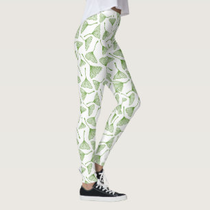 Elegant white leggings with green ginkgo leaf