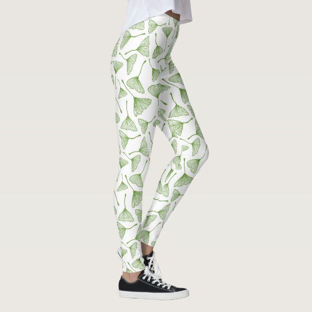Elegant white leggings with green ginkgo leaf (Right)