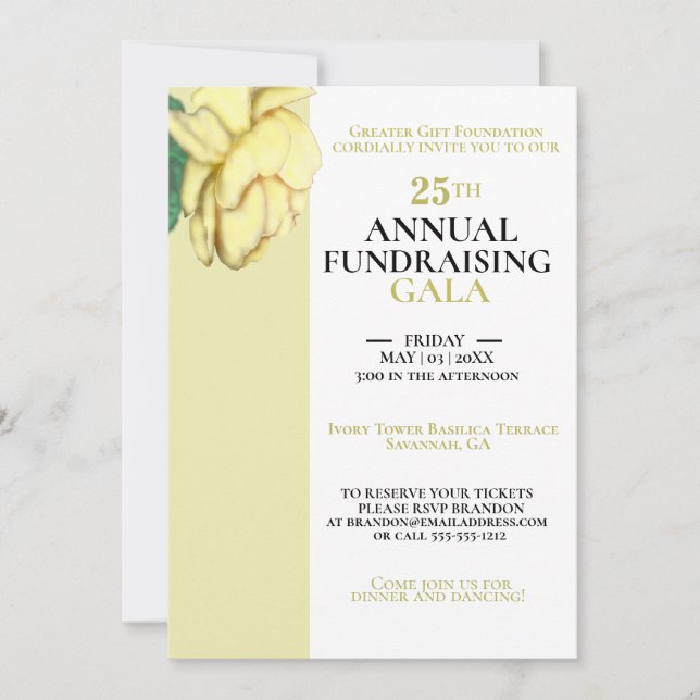 Elegant White, Light Gold Charity Event Gala Invitation (Front)