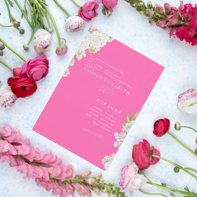 Elegant White Lilacs Hot Pink Wedding Invitation (Creator Uploaded)