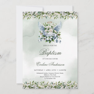 Elegant white lilies and roses Blessed day Baptism Invitation