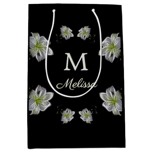 Elegant White Lilies Floral Monogram Name Medium Gift Bag