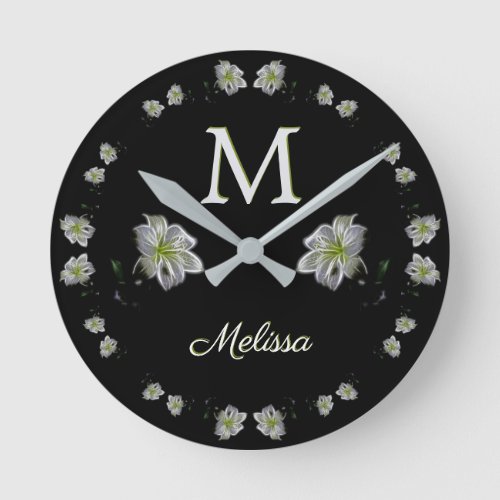 Elegant White Lilies Floral Round Clock