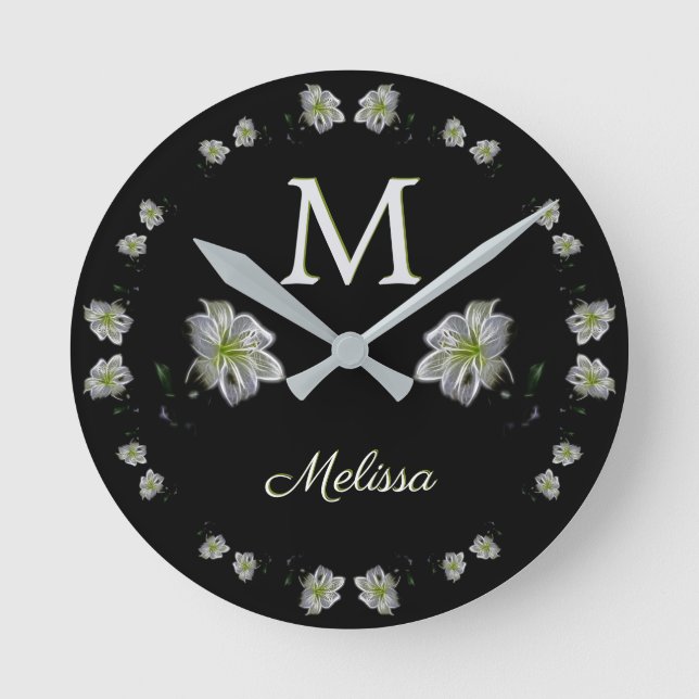 Elegant White Lilies Floral Round Clock (Front)
