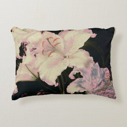 Elegant White Lilies on Black Background Floral Accent Pillow