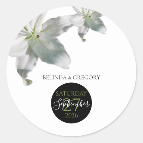 Elegant White Lilies Wedding  Classic Round Sticker