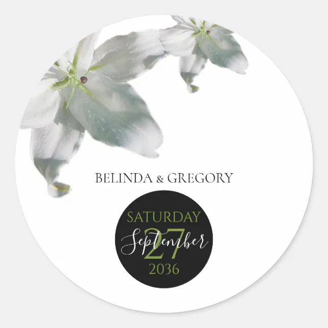 Elegant White Lilies Wedding Classic Round Sticker | Zazzle