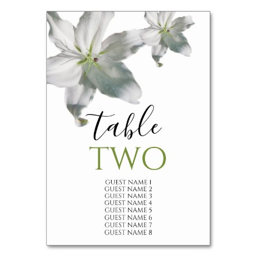 Elegant White Lilies Wedding Guest Names Table Number