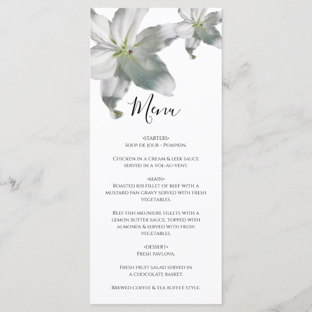 Elegant White Lilies Wedding Menu (Front)