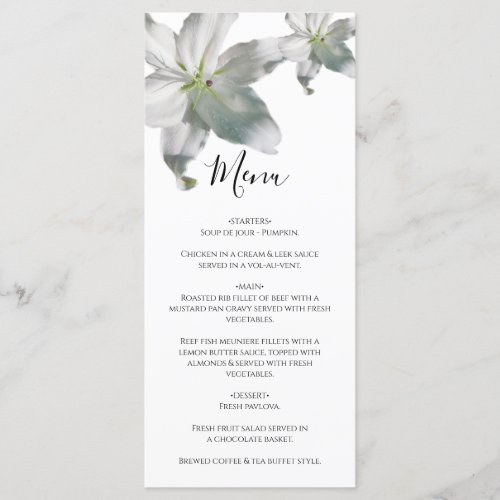 Elegant White Lilies Wedding Menu