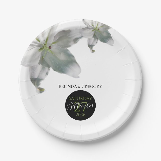 Elegant White Lilies Wedding   Paper Plates (Front)