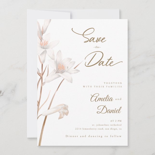 Elegant white lilies wedding Save the Date Invitation (Front)