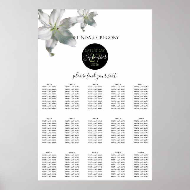 Elegant White Lilies Wedding Seating Chart (Front)