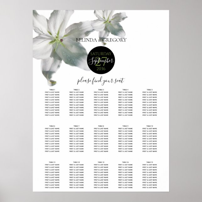 Elegant White Lilies Wedding Seating Chart (Front)