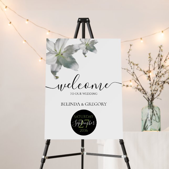 Elegant White Lilies Wedding Welcome Sign (In Situ (Stand))