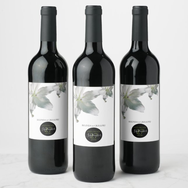 Elegant White Lilies Wedding  Wine Label (Bottles)