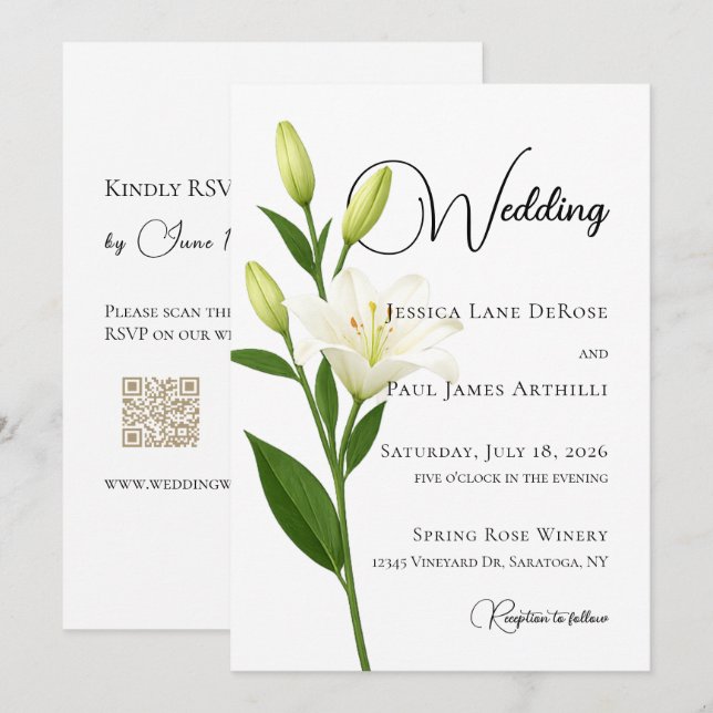 Elegant White Lilly Wedding Invitation (Front/Back)