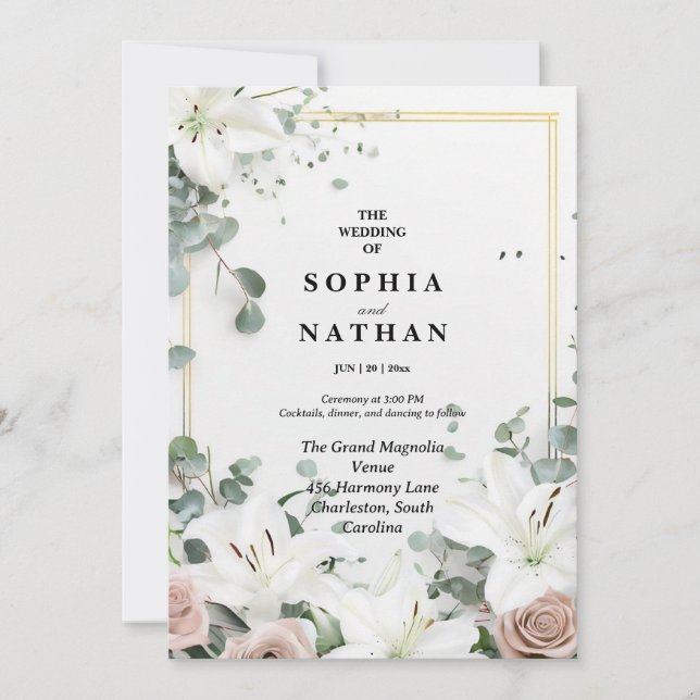 Elegant White Lily & Eucalyptus Floral Wedding  Invitation (Front)