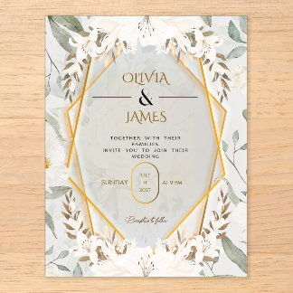 Elegant White Lily Floral Geometric Gold Wedding I Acrylic Enclosure Card