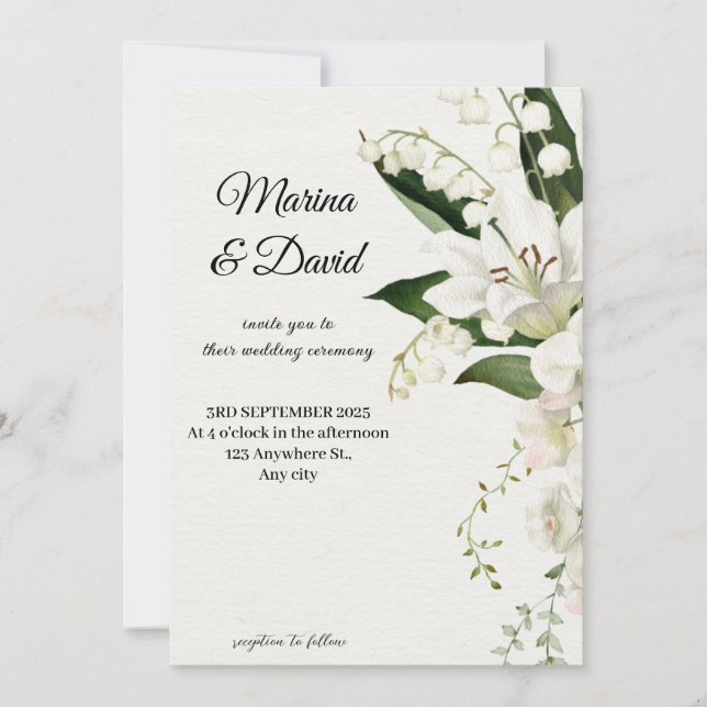 Elegant White Lily Floral Wedding Invitation (Front)