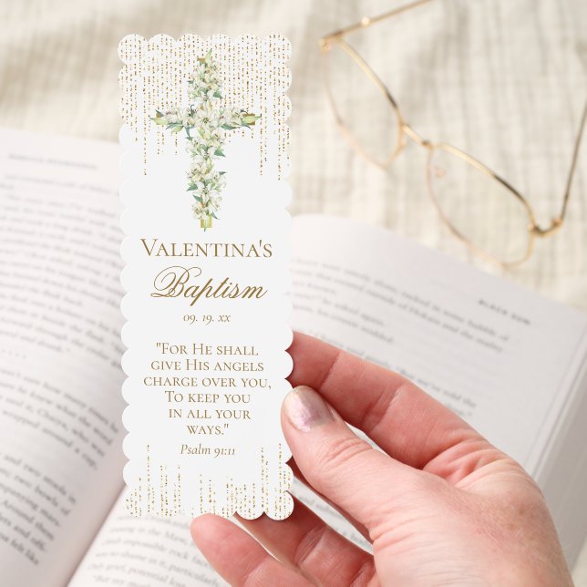 Elegant White Lily Flowers Cross Baptism Favor Bookmarks (Hand)