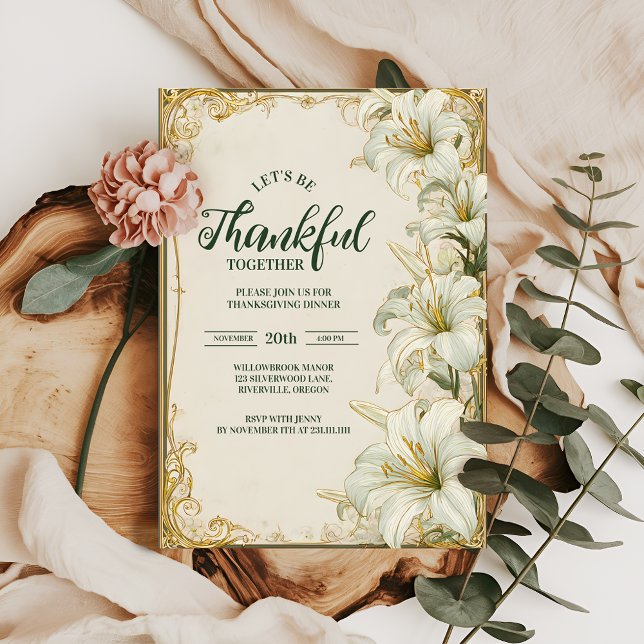 Elegant White Lily Thanksgiving Celebration Invitation (Creator Uploaded)