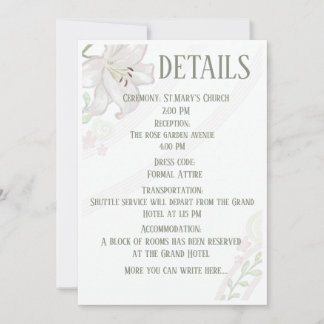 Elegant White Lily Wedding Details Card Botanical