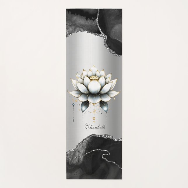 Elegant White Lotus Black Marble Glitter Yoga  Mat (Front)
