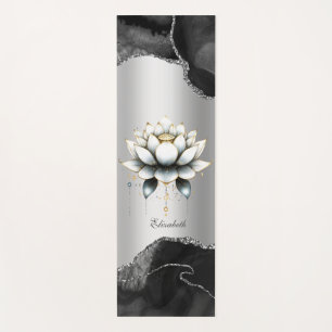 Elegant White Lotus Black Marble Glitter Yoga Yoga Mat