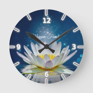 Elegant White Lotus Blue Round Clock