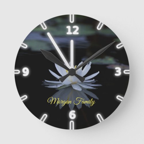 Elegant White Lotus Lake Personalized Round Clock