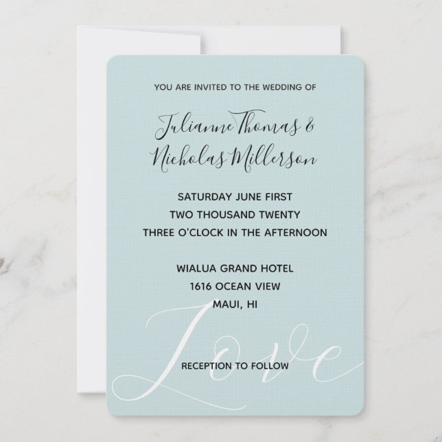 Elegant White Love Aqua Mint Wedding Invitation (Front)