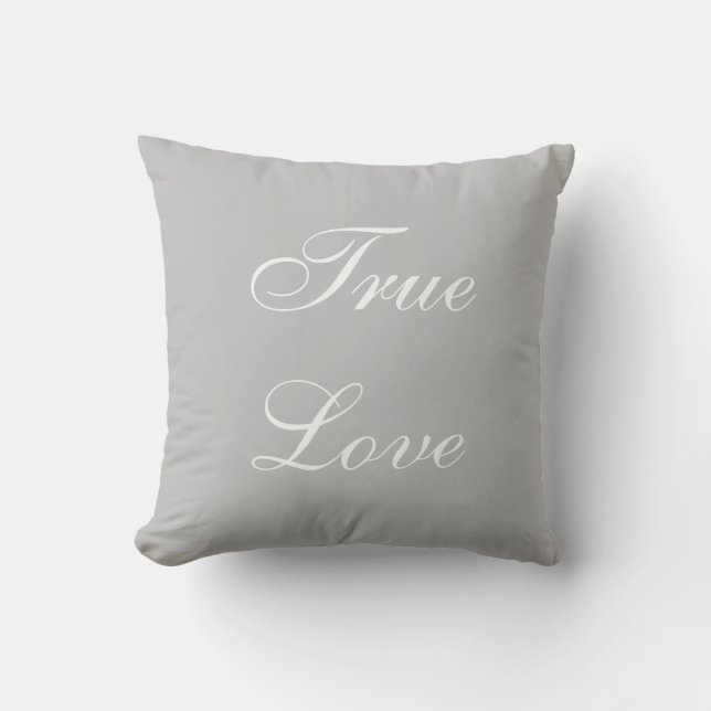 Elegant White Love Calligraphy on Silver Gray Throw Pillow (Front)