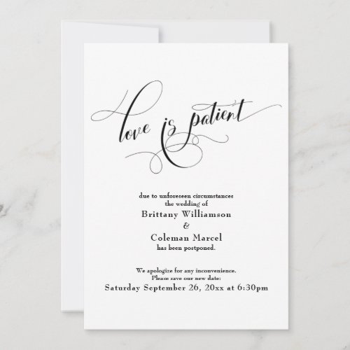 Elegant White Love is Patient Postponement Card