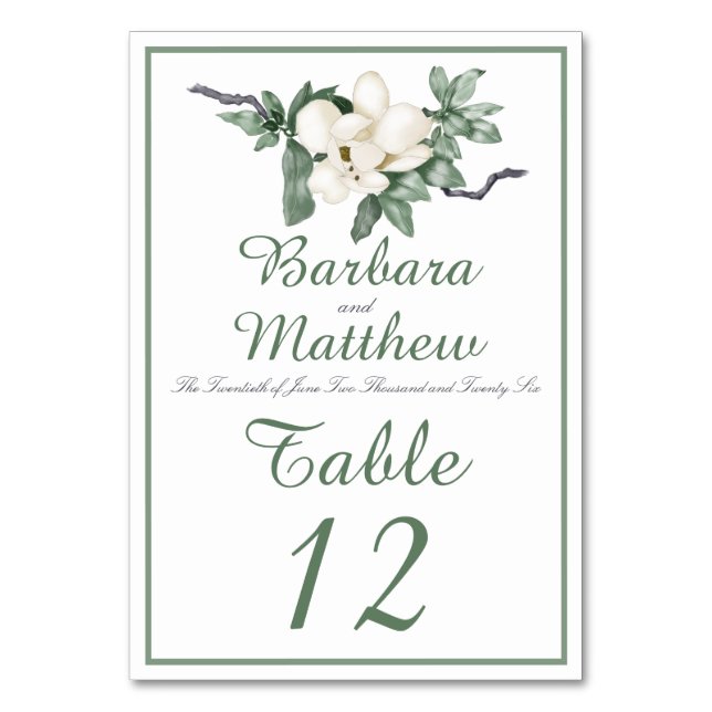 Elegant White Magnolia Blossom Reception Table Number (Front)