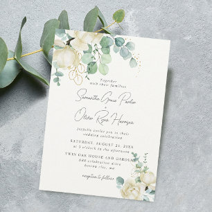 Elegant White Magnolia Eucalyptus Bouquet Wedding Invitation