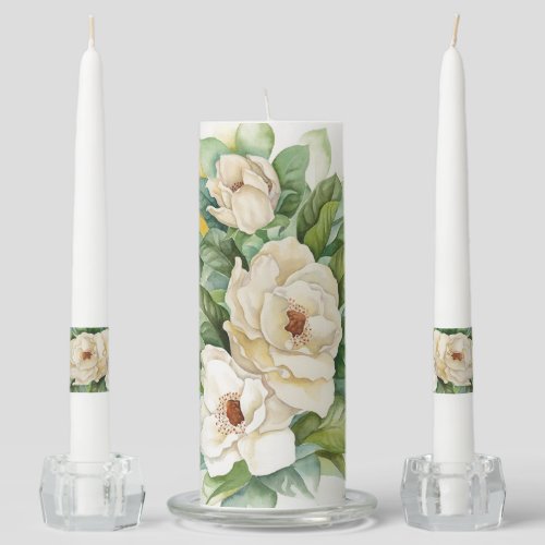 Elegant White Magnolia Floral Greenery Watercolor Unity Candle Set
