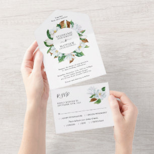 Elegant White Magnolia Floral Wedding All In One Invitation