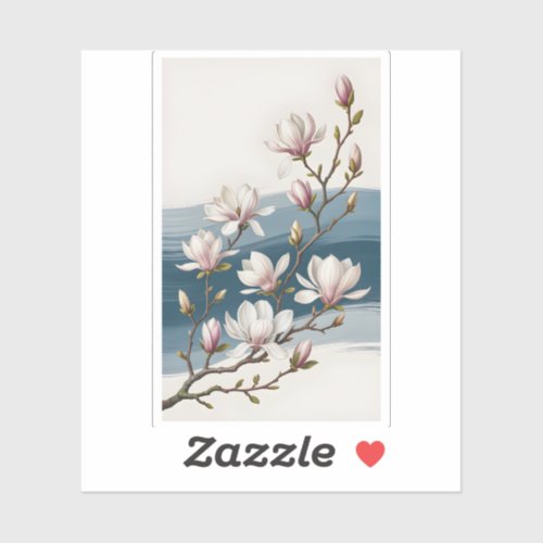 Elegant White Magnolia Flower Branches Blue Brushs Sticker