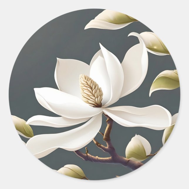 Elegant White Magnolia Flower Classic Round Sticker (Front)