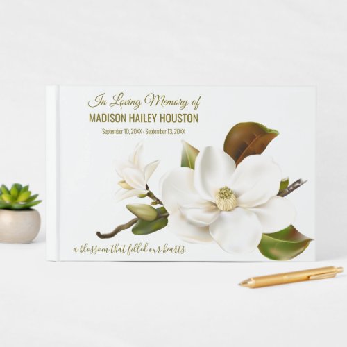Elegant White Magnolia Flower Funeral Memorial Guest Book