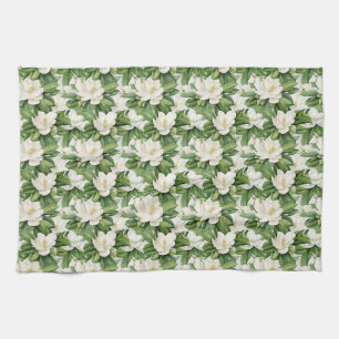 Elegant White Magnolia Flower Seamless Kitchen Towel