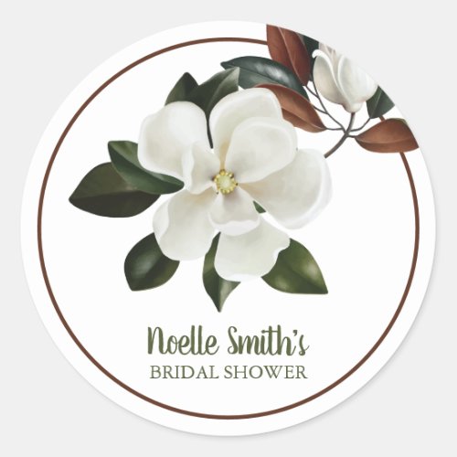 Elegant White Magnolia Flowers Bridal Shower Classic Round Sticker